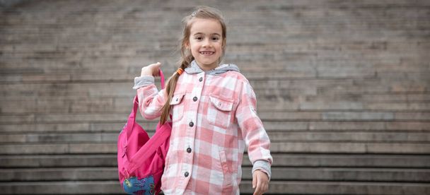 Back to school girl with a briefcase . The beginning of lessons and the first day of autumn. A sweet girl stands against the background of a large wide staircase - Photo, Image