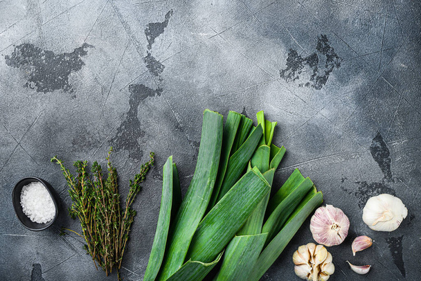 Haşlanmış pırasa pişirmek için gereken bitkileri içeren pırasa sapları, gri desenli arka plan görünümü ve metin için alan - Fotoğraf, Görsel