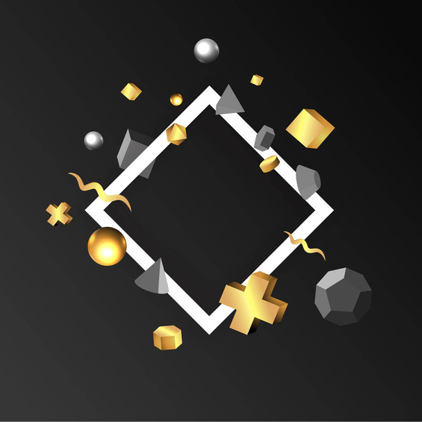 Metallic golden stage with floating geometrical forms, square with paper platform, realistic minimal background, 3d scene on black color for product presentation or mockup. Vector Illustration - Vector, afbeelding