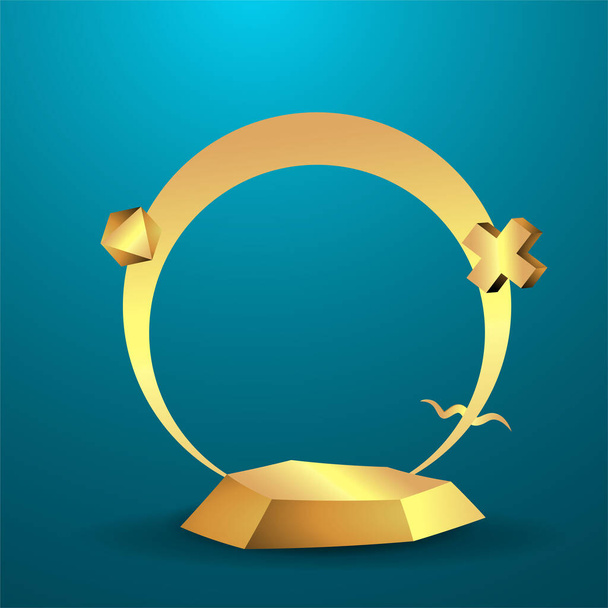 Metallic golden stage with floating geometrical forms, round platform, realistic minimal background, 3d scene in deep ocean blue color for product presentation or mockup. Vector Illustration - Vektori, kuva