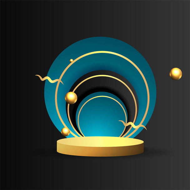Metallic golden stage with floating geometrical forms, round platform, realistic minimal background, 3d scene in deep ocean blue color for product presentation or mockup. Vector Illustration - Διάνυσμα, εικόνα