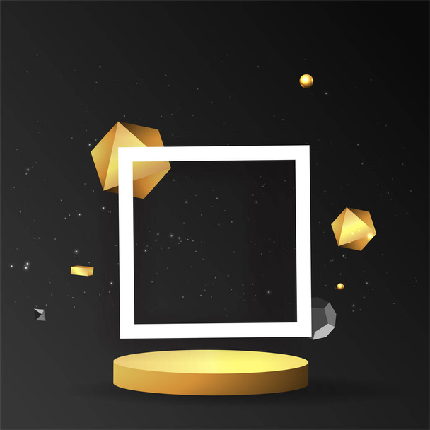 Metallic golden stage with floating geometrical forms, square with paper platform, realistic minimal background, 3d scene on black color for product presentation or mockup. Vector Illustration - Διάνυσμα, εικόνα