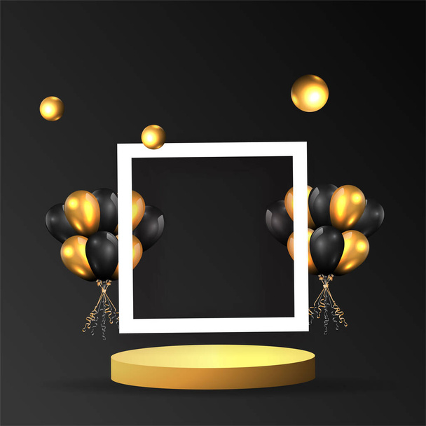Metallic golden stage with floating geometrical forms, square with paper platform, realistic minimal background, 3d scene on black color for product presentation or mockup. Vector Illustration - Vettoriali, immagini