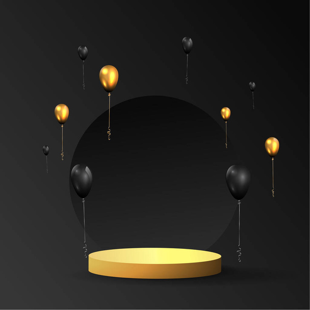 Metallic golden stage with flying  balloons, round platform, realistic minimal background, 3d luxury scene on black for product presentation or mockup. Vector Illustration - Vector, Imagen