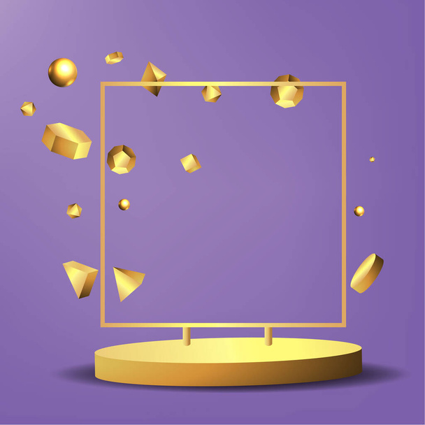Metallic golden frame with floating geometrical forms, round platform, realistic minimal background, 3d luxury scene for product presentation or mockup. Vector Illustration - Вектор,изображение