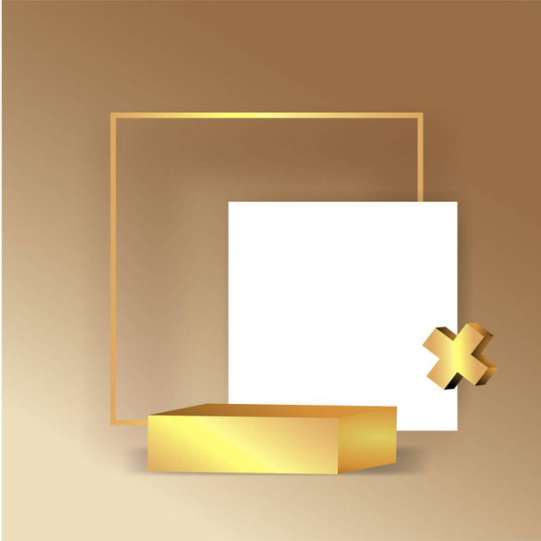 Metallic golden frame with floating geometrical forms, round platform, realistic minimal background, 3d luxury scene for product presentation or mockup. Vector Illustration - Wektor, obraz