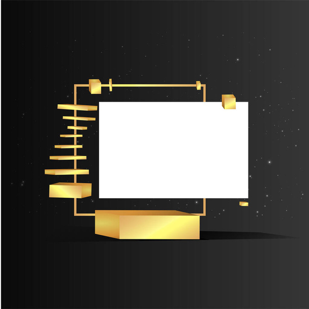 Metallic golden stage with floating geometrical forms, square with paper platform, realistic minimal background, 3d scene on black color for product presentation or mockup. Vector Illustration - Vektor, obrázek