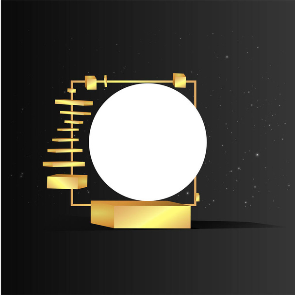Metallic golden stage with floating geometrical forms, square with paper platform, realistic minimal background, 3d scene on black color for product presentation or mockup. Vector Illustration - Vektori, kuva