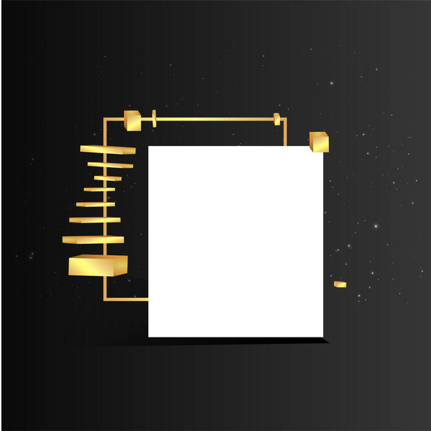 Metallic golden stage with floating geometrical forms, square with paper platform, realistic minimal background, 3d scene on black color for product presentation or mockup. Vector Illustration - Vector, Imagen
