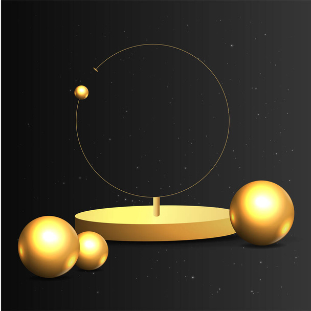 Metallic golden stage with floating geometrical forms, round platform, realistic minimal background, 3d luxury scene on black for product presentation or mockup. Vector Illustration - Vector, afbeelding