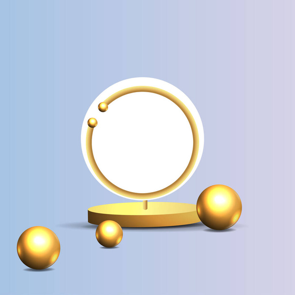 Metallic golden stage with floating geometrical forms, round platform, realistic minimal background, 3d luxury scene on pink and baby blue for product presentation or mockup. Vector Illustration - Διάνυσμα, εικόνα