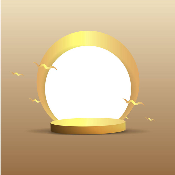 Escenario dorado metálico con formas geométricas flotantes, plataforma redonda, fondo mínimo realista, escena de lujo 3d en la pared de moca beige para la presentación del producto o la maqueta. Ilustración vectorial
 - Vector, Imagen