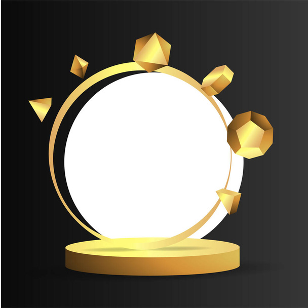 Metallic golden stage with floating geometrical forms, round platform, realistic minimal background, 3d luxury scene on black for product presentation or mockup. Vector Illustration - Διάνυσμα, εικόνα
