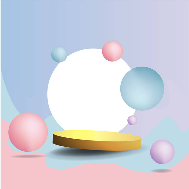 Metallic golden stage with floating geometrical forms, round platform, realistic minimal background, 3d luxury scene on pink and baby blue for product presentation or mockup. Vector Illustration - Vector, Image
