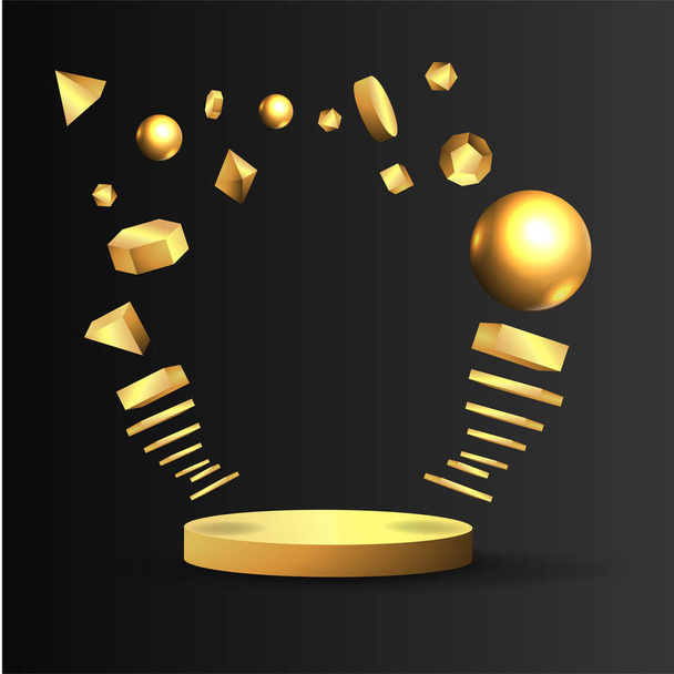 Metallic golden stage with floating geometrical forms, round platform, realistic minimal background, 3d luxury scene on black for product presentation or mockup. Vector Illustration - ベクター画像