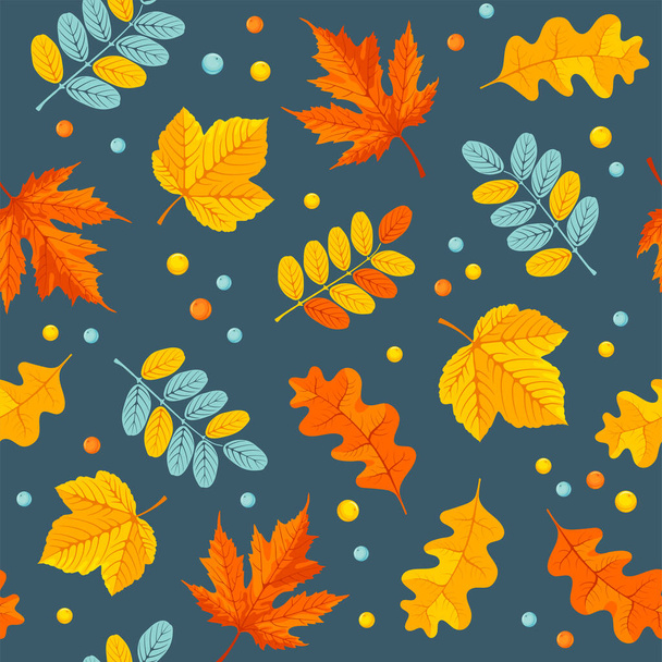 Motif floral sans couture avec des feuilles d'automne de chêne, érable et autres. Texture mignonne dans le style de dessin animé. Peut être facilement utilisé pour les papiers peints, les garnitures de surface, le papier d'emballage, etc. Illustration vectorielle. - Vecteur, image