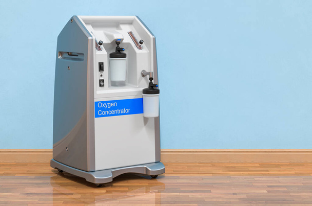 Портативный концентратор кислорода в комнате рядом со стеной, 3D рендеринг
 - Фото, изображение