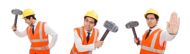 Trabajador de la construcción con martillo aislado en blanco - Foto, imagen