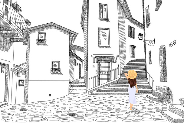 Ilustración vectorial de dama colorida dibujada a mano con un sombrero de paja y un vestido de lavanda entrando en la ciudad europea vacía en blanco y negro
 - Vector, Imagen