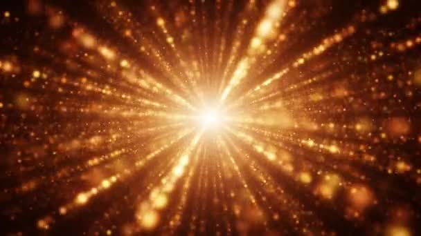 Złote światełka błyszczą. Świecące światło eksploduje. 4k Uroczyste złoty ruch tło. Animacja pętli - Materiał filmowy, wideo