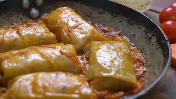 Stuffed cabbage rolls in tomato sauce, closeup - Footage, Video
