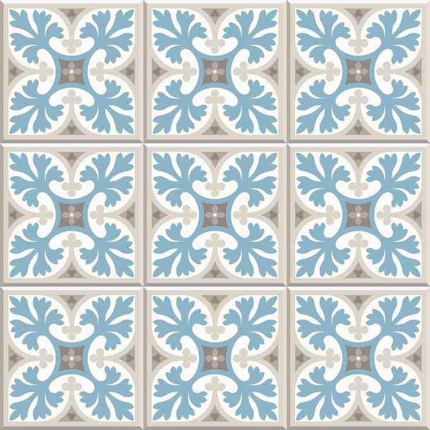 Ancient floor ceramic tiles. Flooring tiling seamless vector background. Vector illustration. Victorian English floor tiling design. Portuguese cement tiles pattern. Grey-blue and golden brown colors - Vector, Image