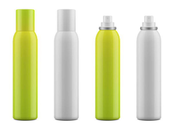 Weiß glänzende Aluminium-Sprühflasche für Deo, Haarspray. Verpackungsattrappen für Kosmetika. Vektor EPS 10. - Vektor, Bild