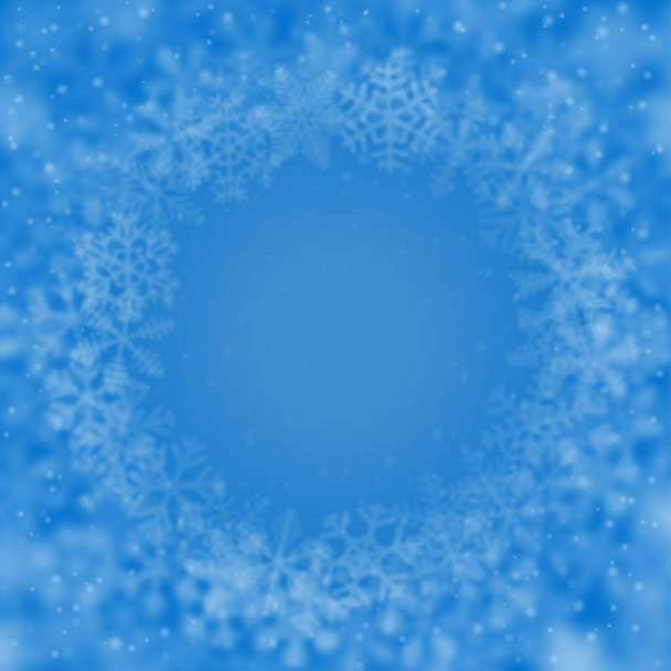 Χριστουγεννιάτικο φόντο νιφάδων χιονιού διαφορετικού σχήματος, θαμπάδας και διαφάνειας, τοποθετημένα σε κύκλο, σε γαλάζιο φόντο - Διάνυσμα, εικόνα