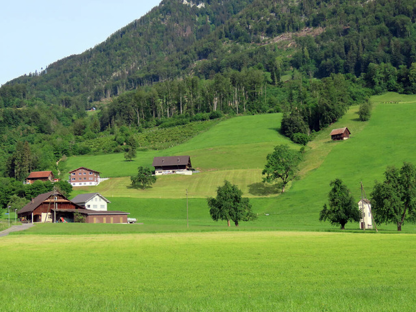 Architecture rurale traditionnelle et élevages familiaux sur les pentes du massif du Pilatus, Alpnach - Canton d'Obwalden, Suisse (Kanton Obwalden, Schweiz) - Photo, image