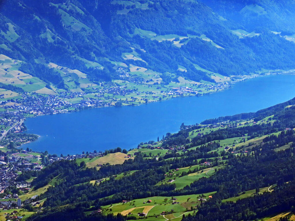 View of Lake Sarnersee from the Pilatus mountain range in the Emmental Alps, Alpnach - Canton of Obwalden, Switzerland (Kanton Obwalden, Schweiz) - Photo, Image