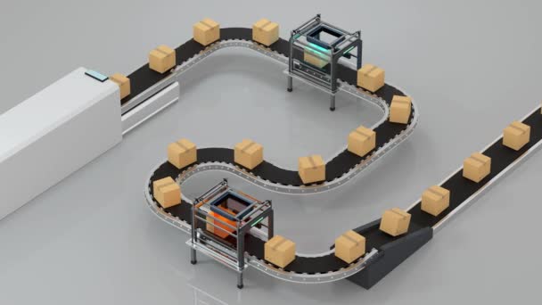 Transmisión de lazo de la caja de embalaje en la cinta transportadora, renderizado 3D
. - Metraje, vídeo