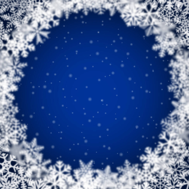 Karácsonyi háttér hópelyhek különböző alakú, elmosódott és áttetsző, rendezett körben, kék alapon - Vektor, kép