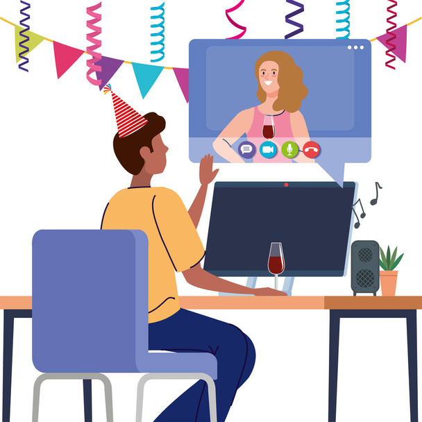 online πάρτι, συνάντηση φίλων, ζευγάρι έχουν σε απευθείας σύνδεση κόμμα μαζί σε καραντίνα, βίντεο συνέδριο, κόμμα web κάμερα σε απευθείας σύνδεση διακοπές - Διάνυσμα, εικόνα