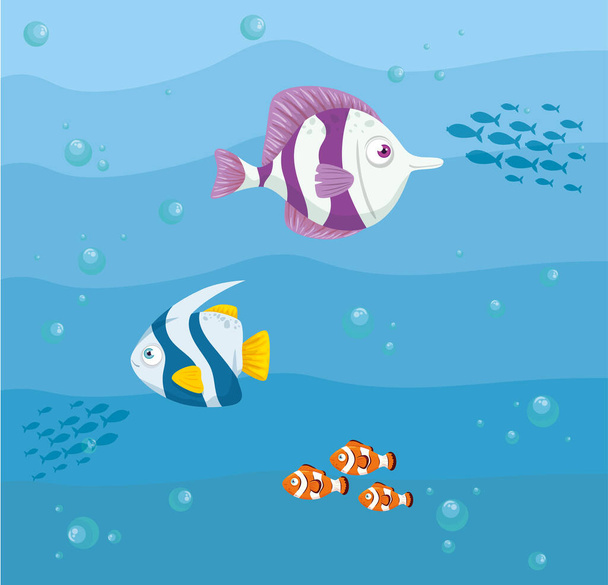 fishes marine animals in ocean, seaworld dwellers, cute underwater creatures, undersea - Vector, Image