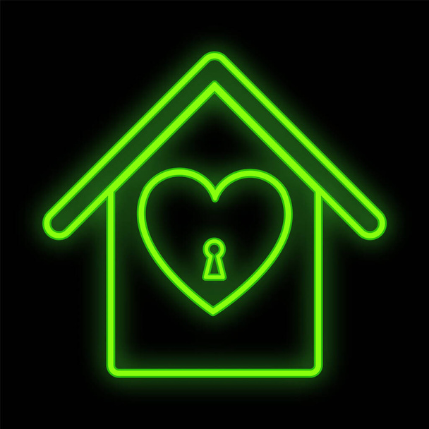 Señal de neón digital festivo verde luminoso brillante para una tienda o postal hermosa brillante con una casa de amor con un corazón sobre un fondo negro. Ilustración vectorial
 - Vector, imagen