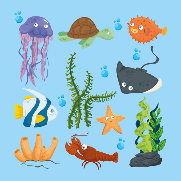 海の中のxxxと野生動物、海の世界の住人、かわいい水中生物、熱帯の海底動物 - ベクター画像