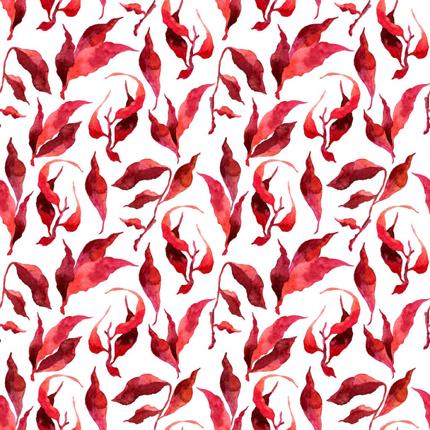 Hand painted watercolor red leaves seamless floral pattern background. twig and leaves seamless watercolor leaf pattern for fabric, wallpapers, gift wrapping paper, scrapbooking. - Fotó, kép