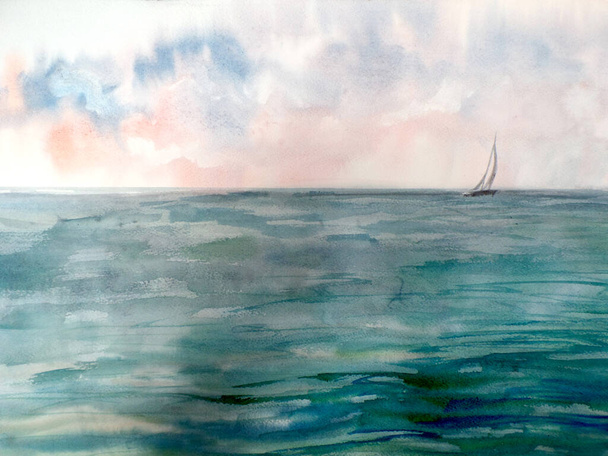 морський пейзаж захід сонця з самотньою яхтою, акварельний малюнок. Високоякісна ілюстрація
 - Фото, зображення