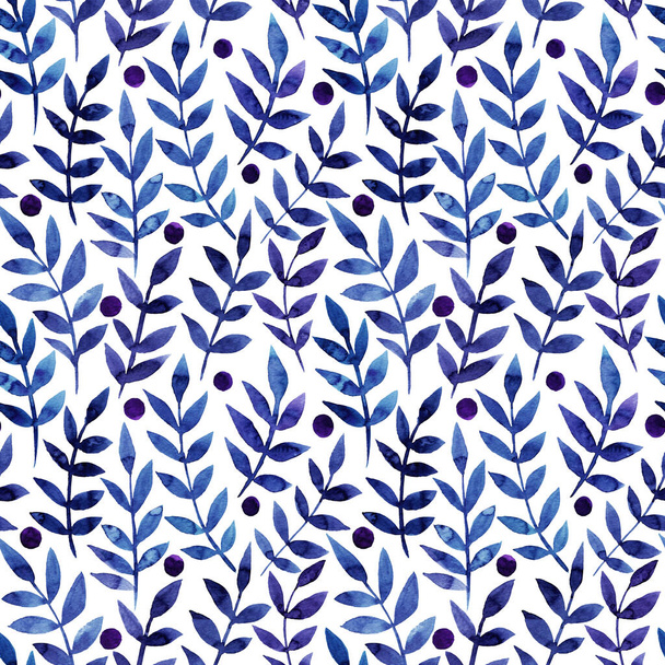 Seamless pattern with stylized leaves. Floral endless pattern filled with classic blue leaves. background for wallpaper, textile print. Watercolor hand drawn illustration on a white background. - Fotó, kép