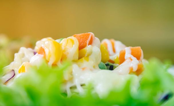 Salada Vegan com maionese Topping em Close Up View incluem cenoura e tomate e milho e repolho e ervilhas e alface em meio quadro em tom vintage
 - Foto, Imagem