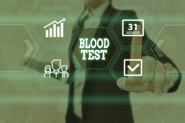 血液検査を示すテキストサイン。概念写真実験室分析を行うために生物から採取された血液サンプルグリッドとアイコンの異なる設定最新のデジタル技術の概念. - 写真・画像