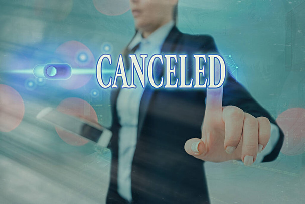 Conceptual hand writing showing Canceled. Business photo showcasing to decide not to conduct or perform something planned or expected Graphics padlock for web data security application system. - Photo, Image