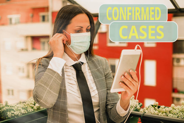 Text sign showing Confirmed Cases. Conceptual photo set of circumstances or conditions requiring action Promoting health awareness with set of medical precautionary equipment. - Photo, Image