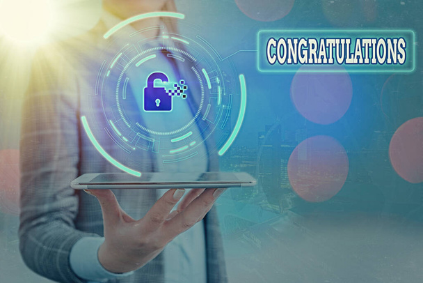 Text sign showing Congratulations. Conceptual photo a special occasion that expressing gratitude or good wishes Graphics padlock for web data information security application system. - Photo, Image