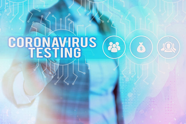 Текст, написанный словом Coronavirus Testing. Бизнес-концепция сбора образцов от жизнеспособного пациента для идентификации SARSCoV2 System Administrator Control, Gear Configuration Settings Tools Concept. - Фото, изображение