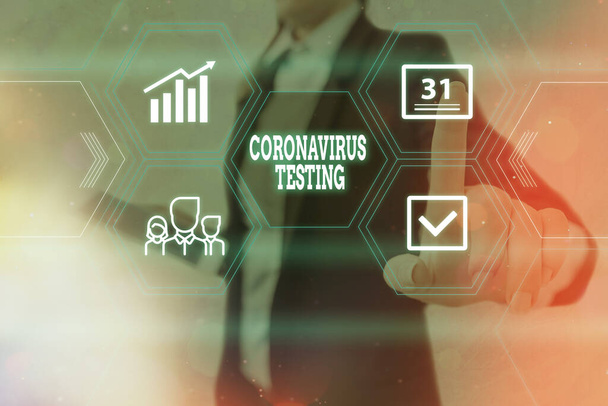 Tekstimerkki, jossa näkyy Coronavirus Testing. Käsitteellinen valokuva Näytteiden kerääminen elinkelpoiselta potilaalta SARSCoV2-verkkojen tunnistamiseksi ja kuvakkeiden uusimman digitaaliteknologian konseptin erilainen käyttöönotto. - Valokuva, kuva