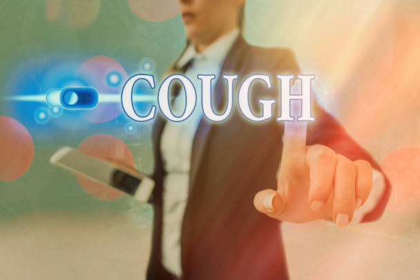 Conceptual hand writing showing Cough. Business photo showcasing sudden expulsion of air throughout the passages to clear airways Graphics padlock for web data security application system. - Photo, Image
