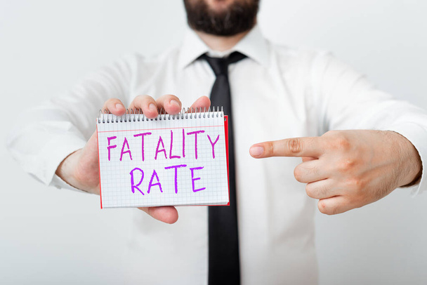 Writing note showing Fatality Rate. Business photo showcasing calculated number of deaths over a specific range of period Model displaying different empty color notepad mock-up for writing idea. - Photo, Image