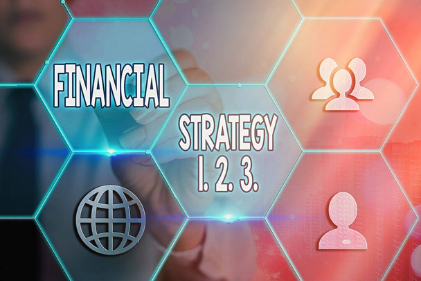 Conceptual hand writing showing Financial Strategy 1 2. 3.. Business photo showcasing build on insights from a business context Grids and different icons latest digital technology concept. - Photo, Image