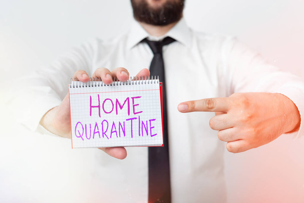Writing note showing Home Quarantine. Business photo showcasing Encountered a possible exposure from the public for observation Model displaying different empty color notepad mock-up for writing idea. - Foto, Bild